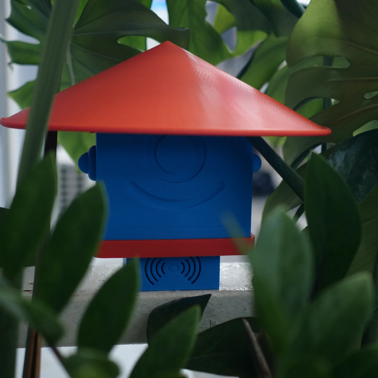 A blue Altruist with an orange roof among large green leaves